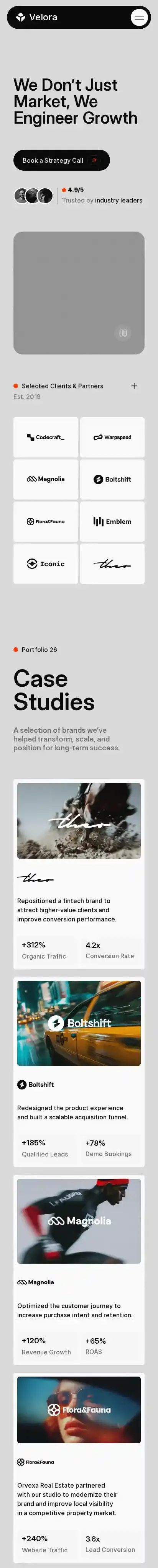 Velora-Port home page on mobile