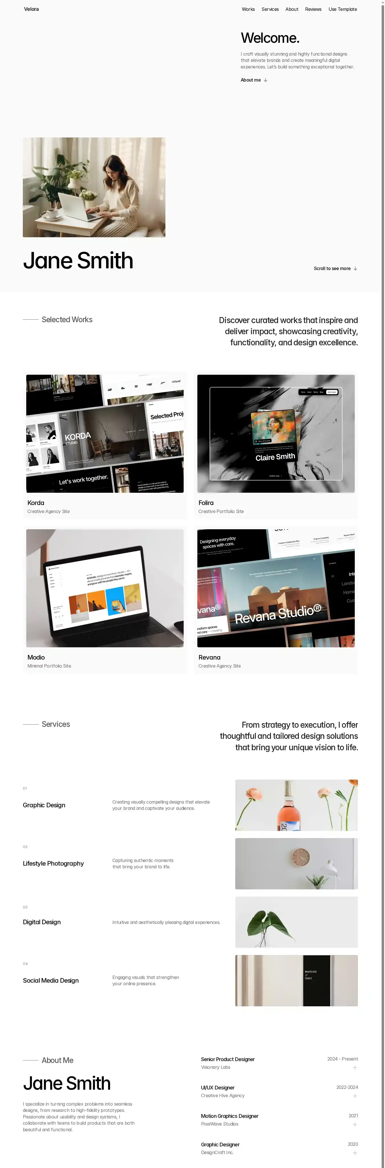 Velora home page on desktop