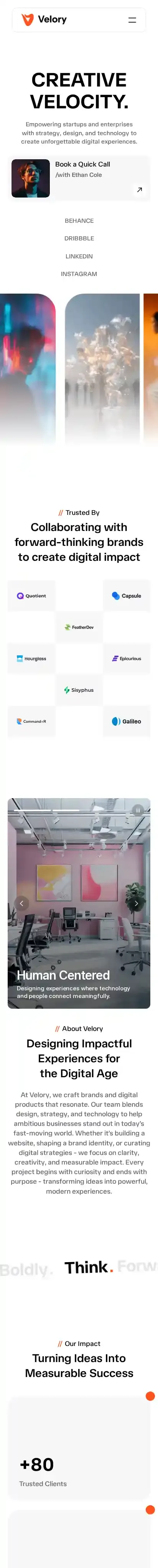 Velory home page on mobile