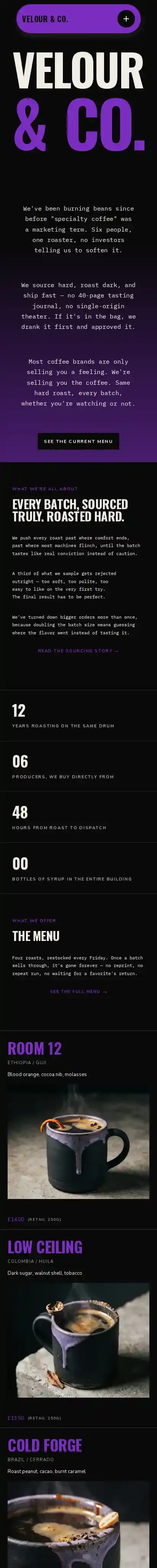Velour & Co. home page on mobile