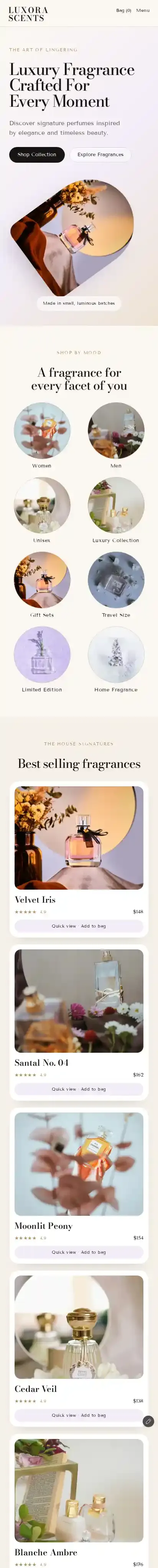 Veloura Perfume home page on mobile