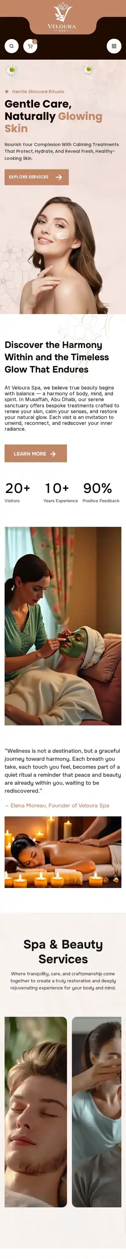 Veloura Spa home page on mobile