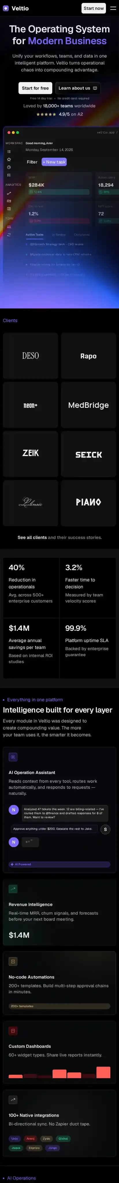 Veltio home page on mobile