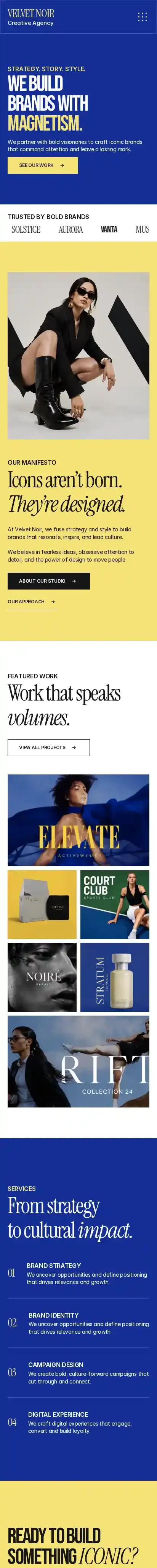 Velvet Noir home page on mobile