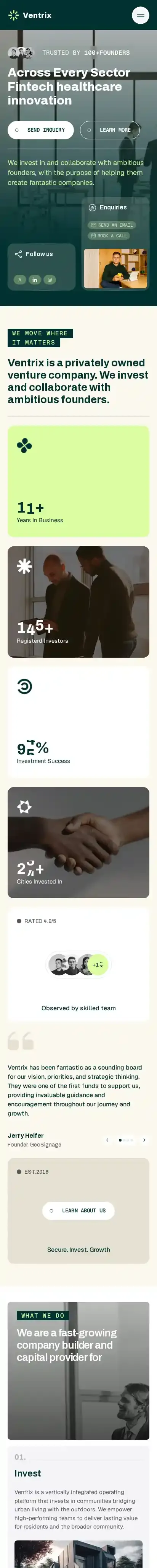 Ventrix - Venture home page on mobile