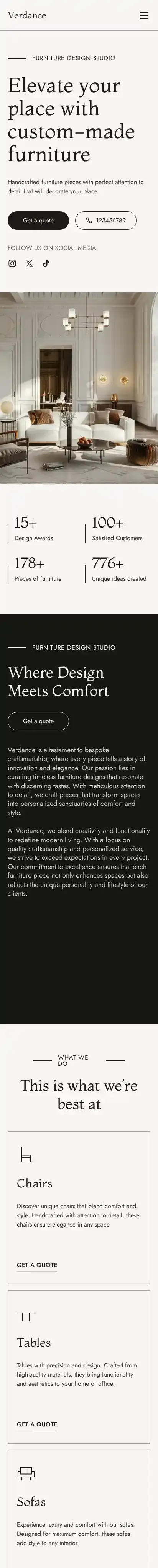 Verdance home page on mobile