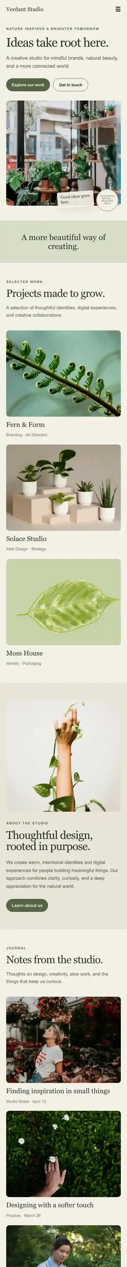 Verdant Studio home page on mobile