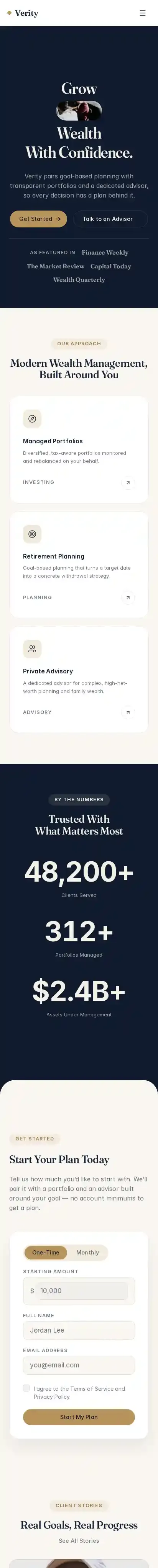 Verity Wealth home page on mobile