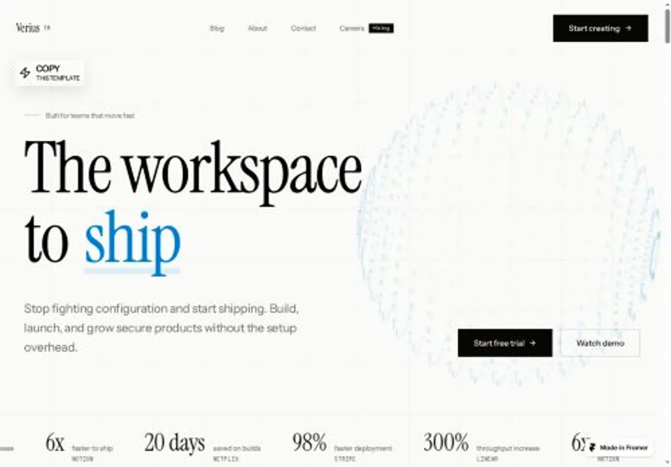 Verius home page on desktop