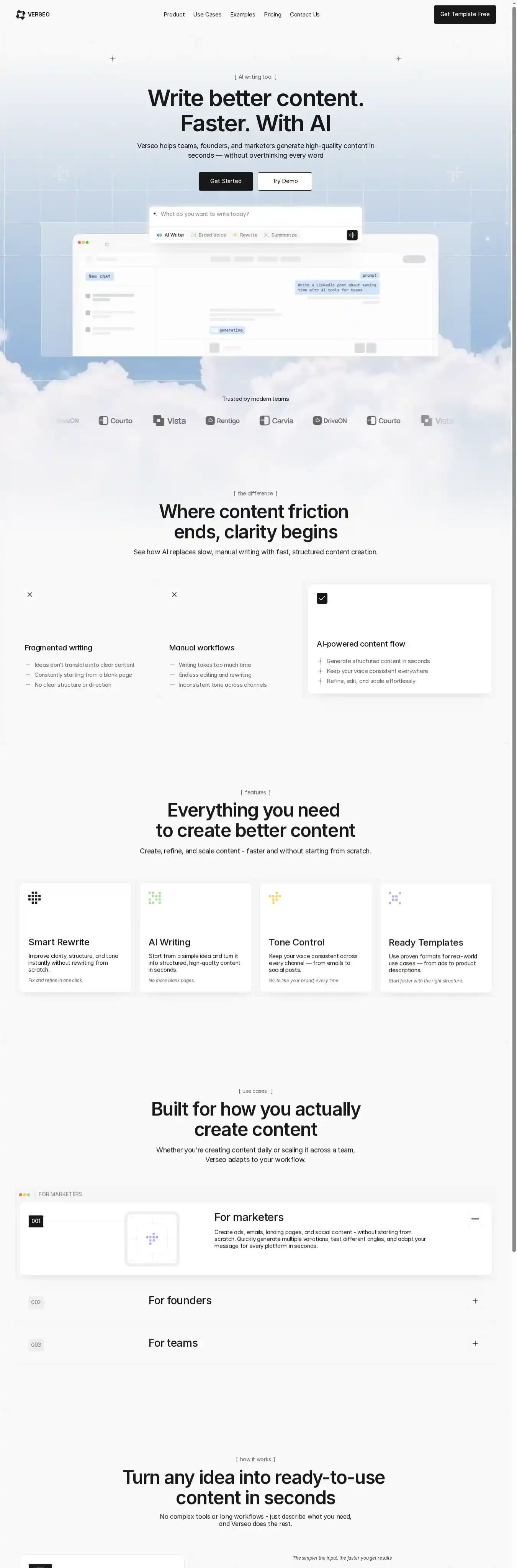 Verseo home page on desktop