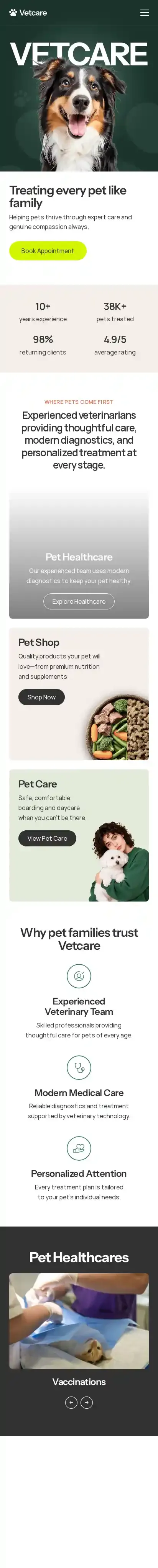 Vetcares home page on mobile