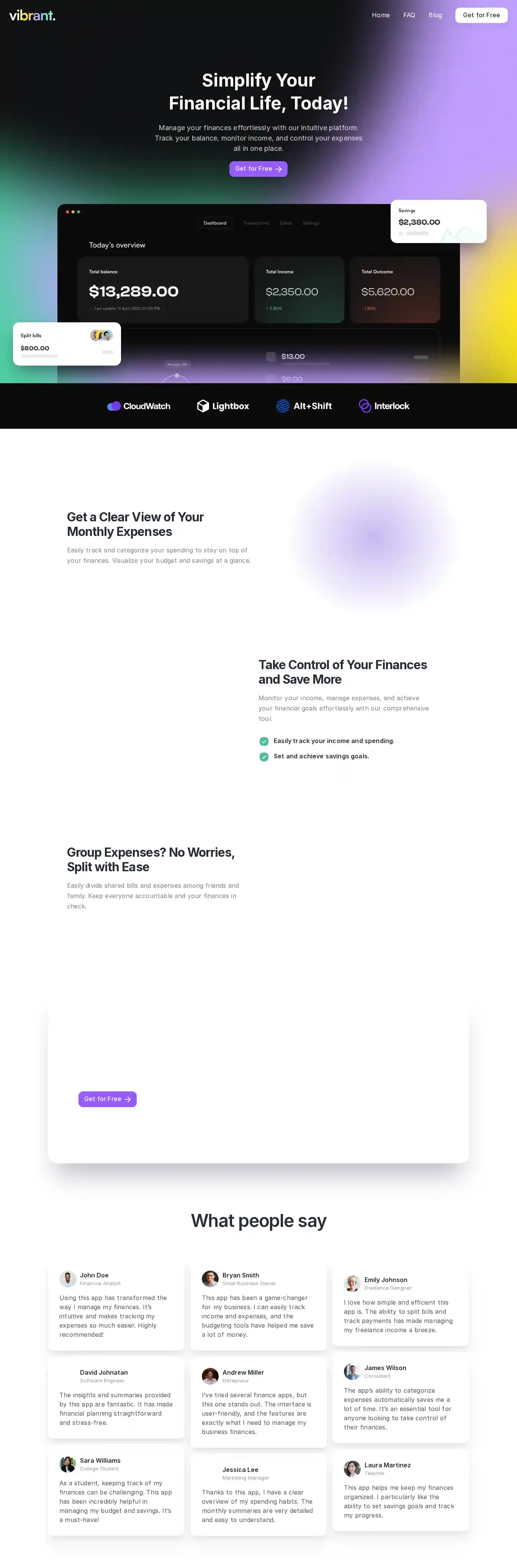 Vibrant home page on desktop