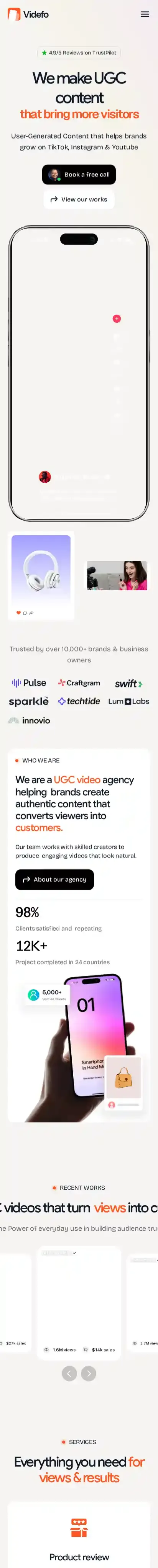 Videfo home page on mobile