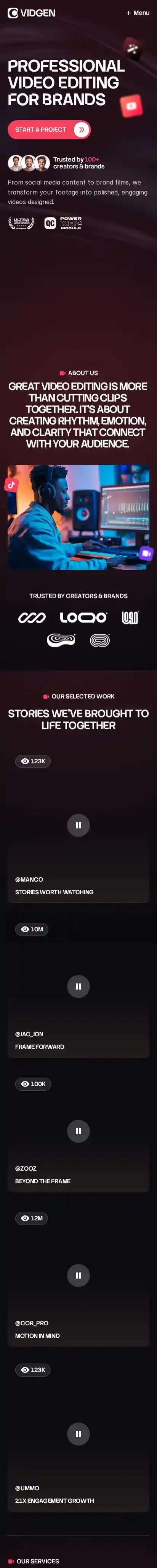 Vidgen home page on mobile