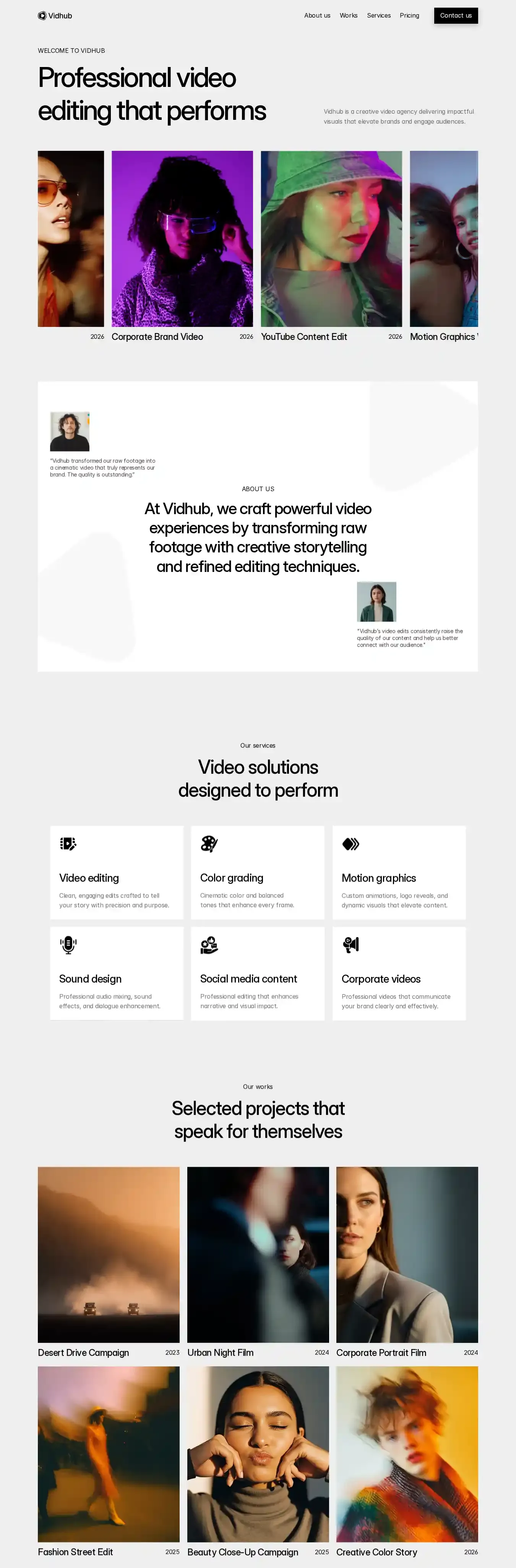 Vidhub home page on desktop