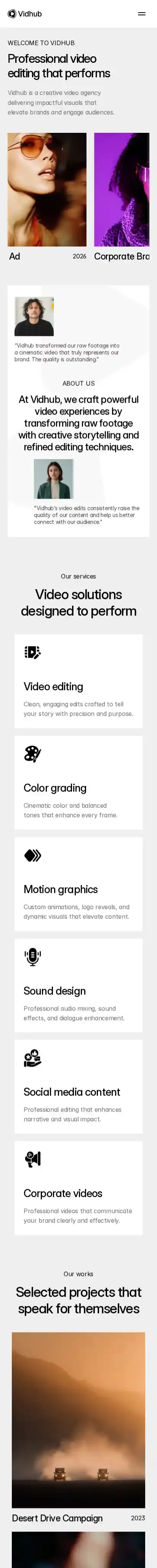 Vidhub home page on mobile
