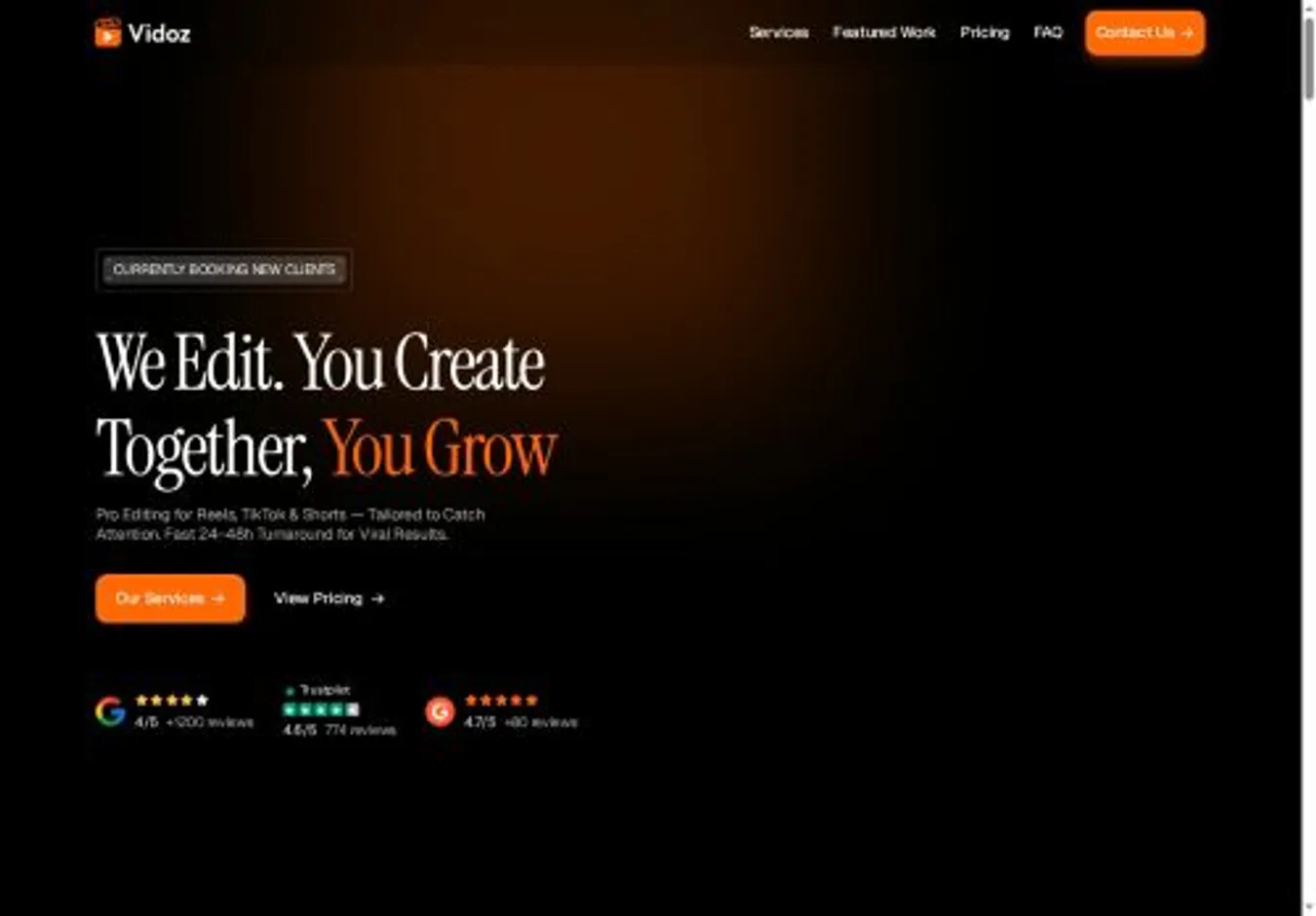 Vidoz home page on desktop