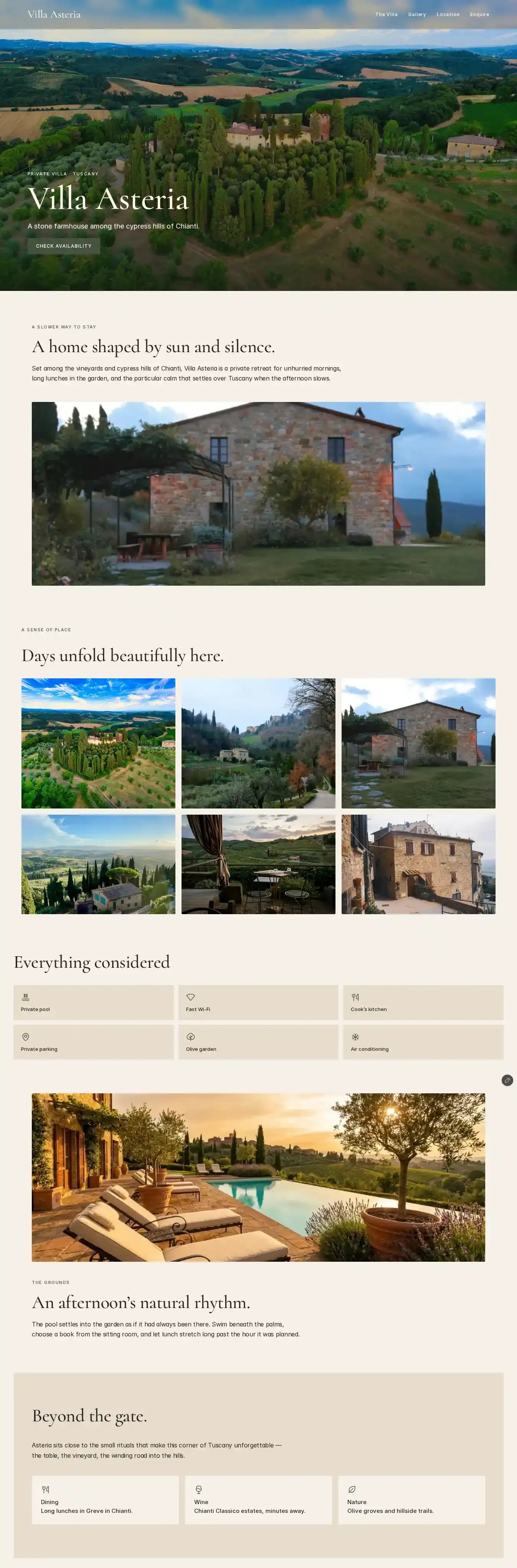 Villa Asteria home page on desktop