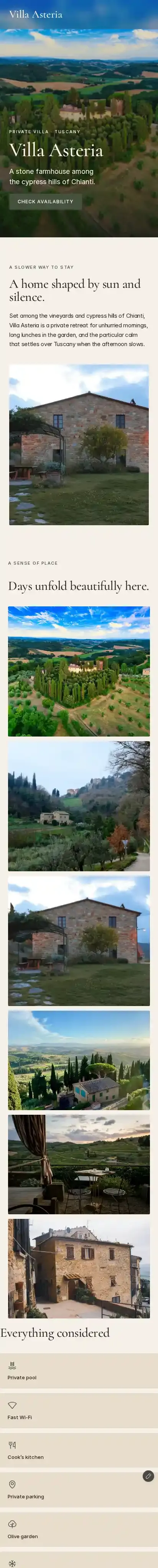 Villa Asteria home page on mobile
