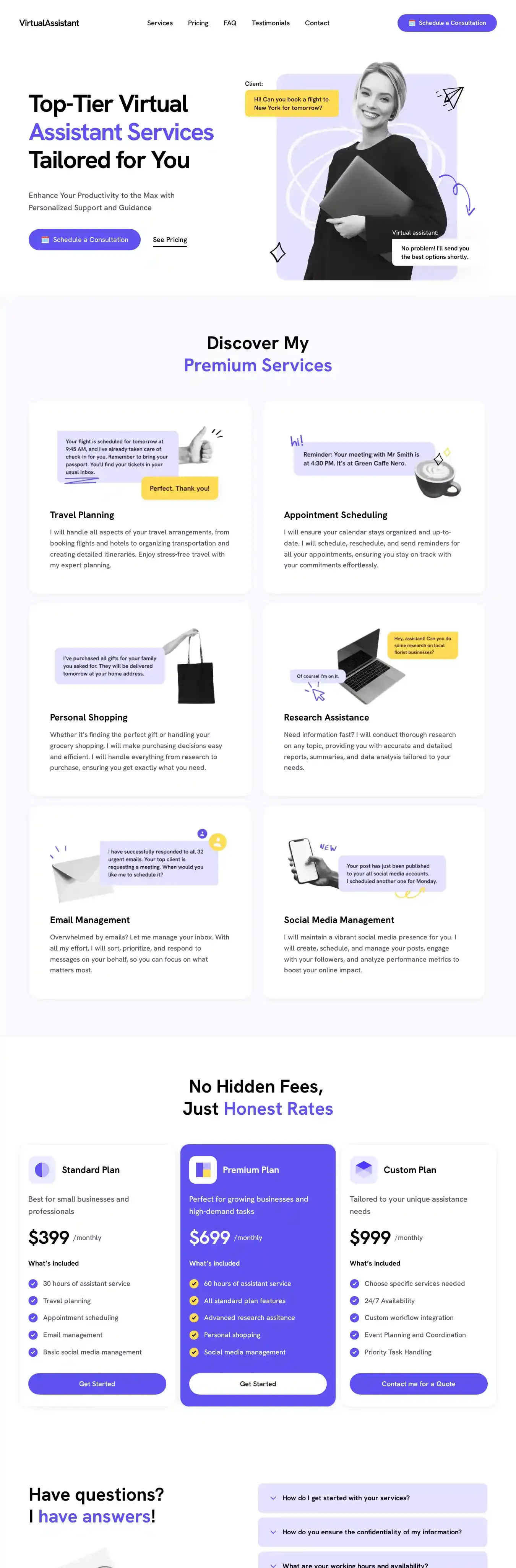 Virtual Assistant home page on desktop