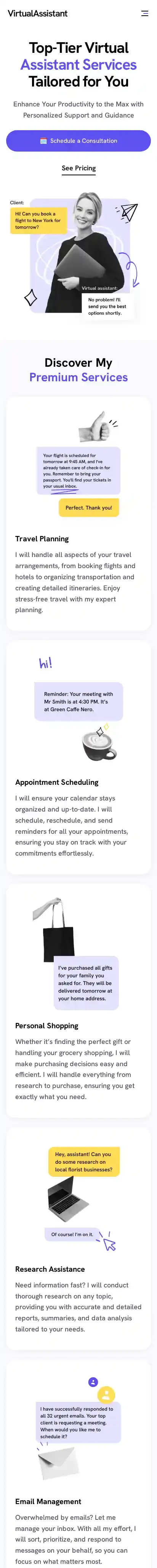 Virtual Assistant home page on mobile