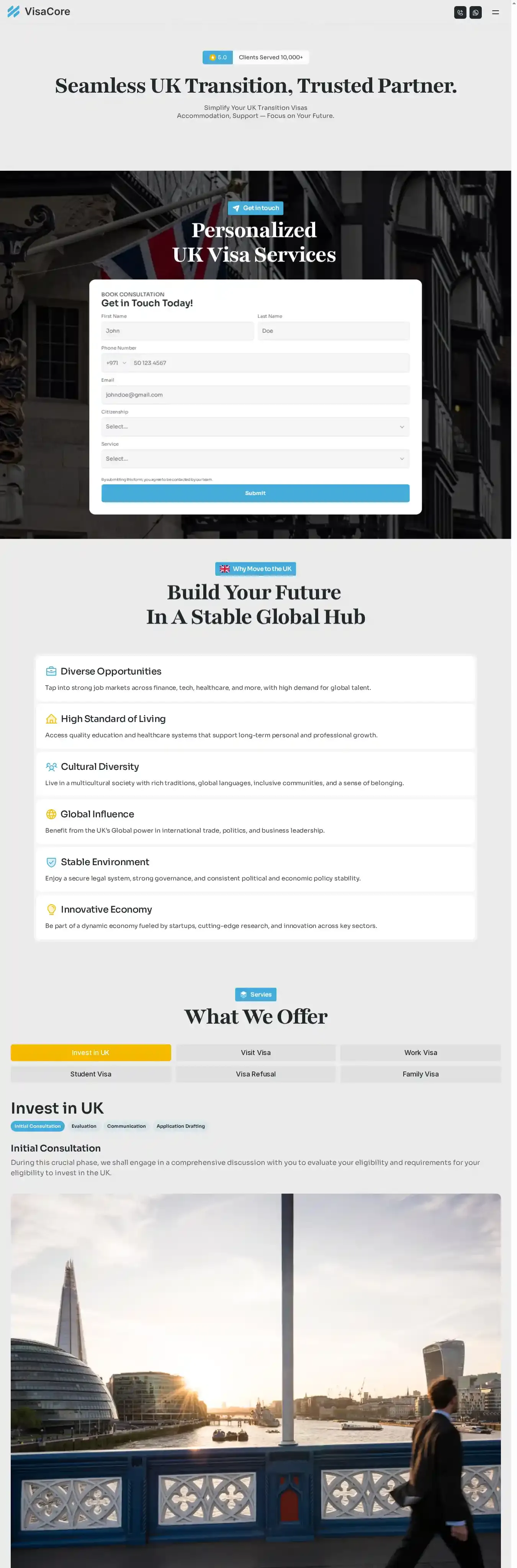 VisaCore home page on desktop
