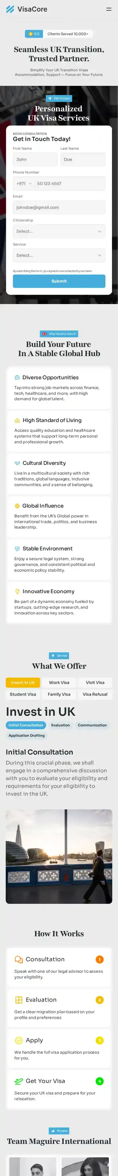 VisaCore home page on mobile