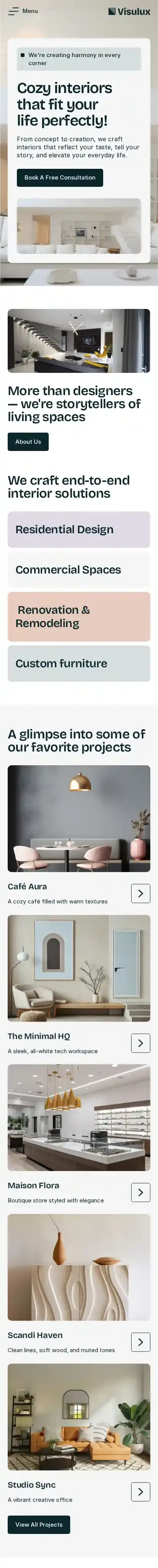 Visulux home page on mobile