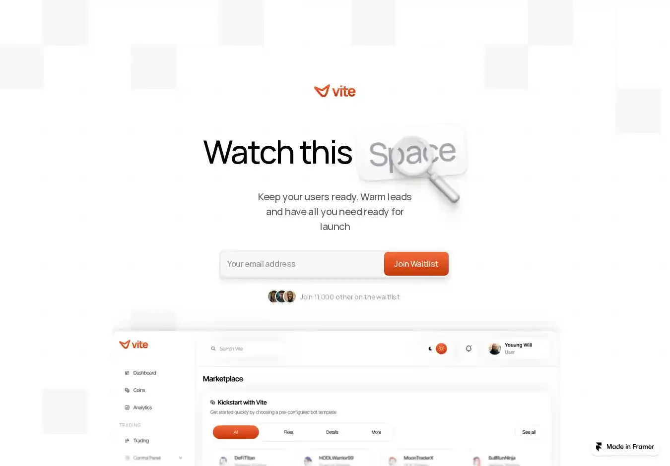 Vite Waitlist home page on desktop