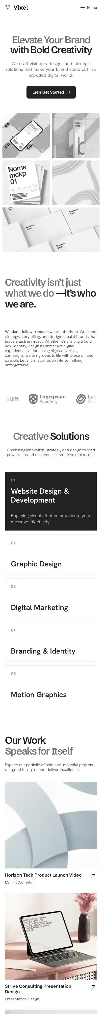 Vixel home page on mobile