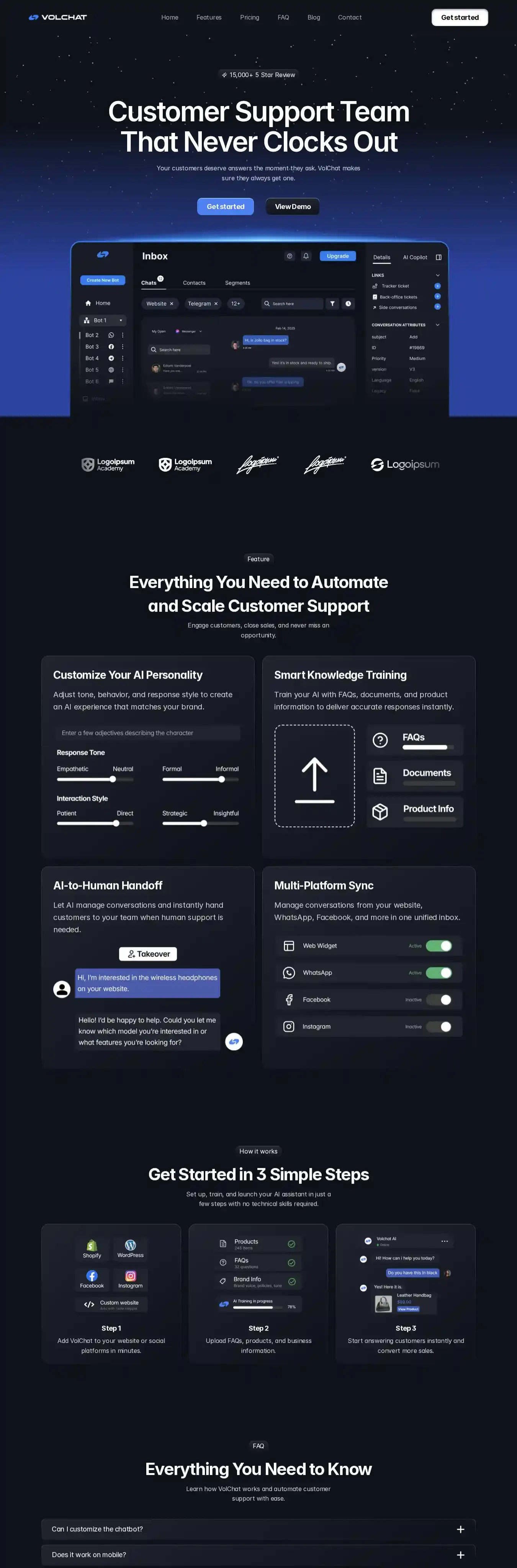 Volchat home page on desktop