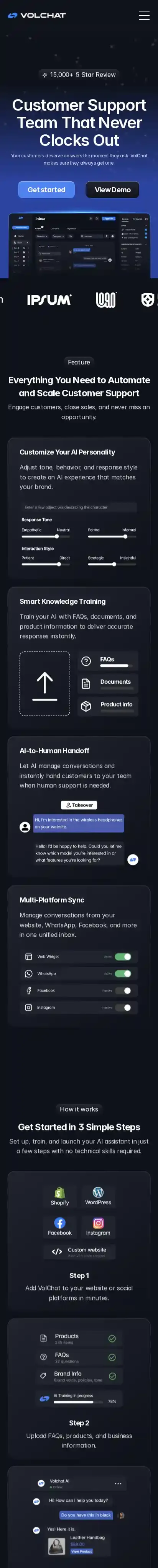 Volchat home page on mobile