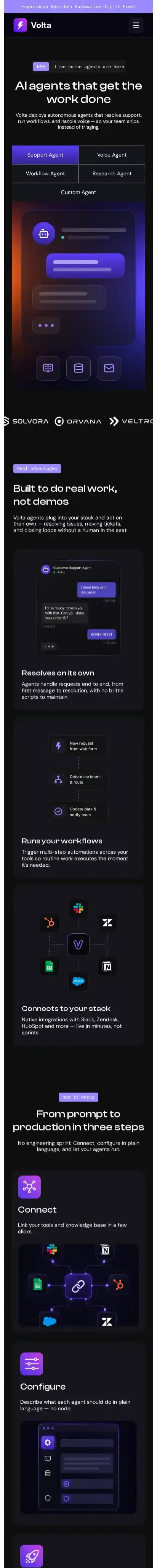Volta Studio home page on mobile