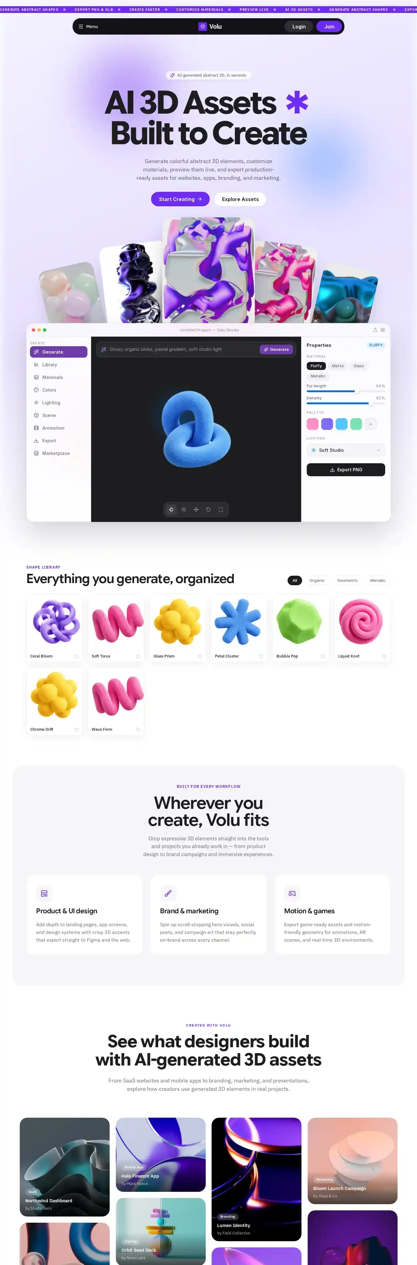 Volu - 3D Assets home page on desktop