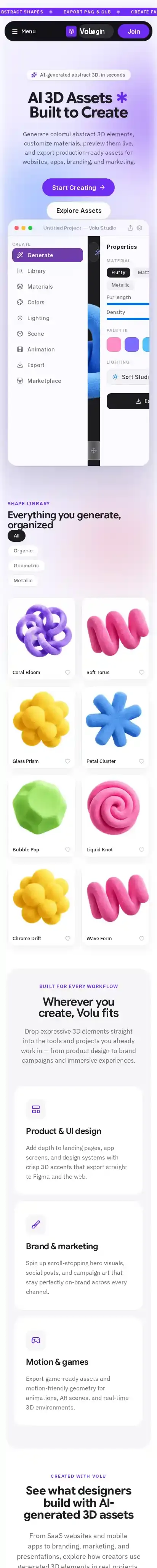 Volu - 3D Assets home page on mobile
