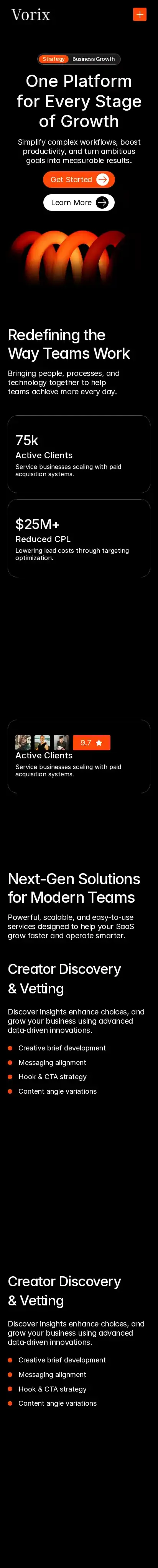 Vorix home page on mobile