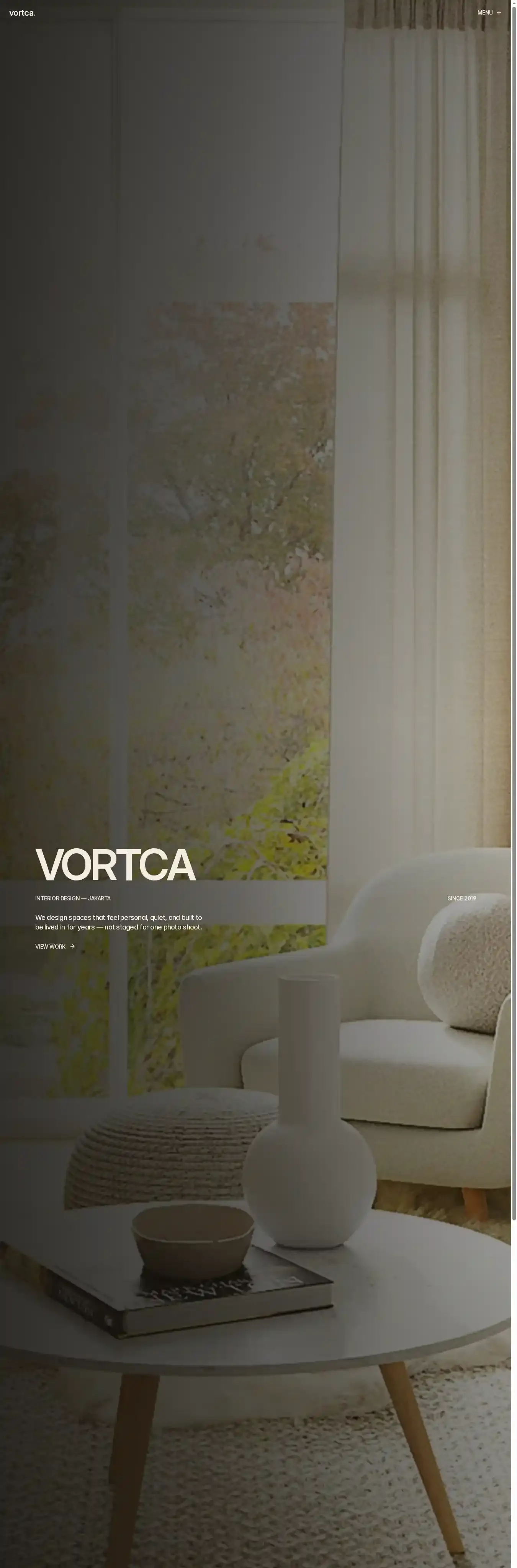 Vortca Interiors home page on desktop