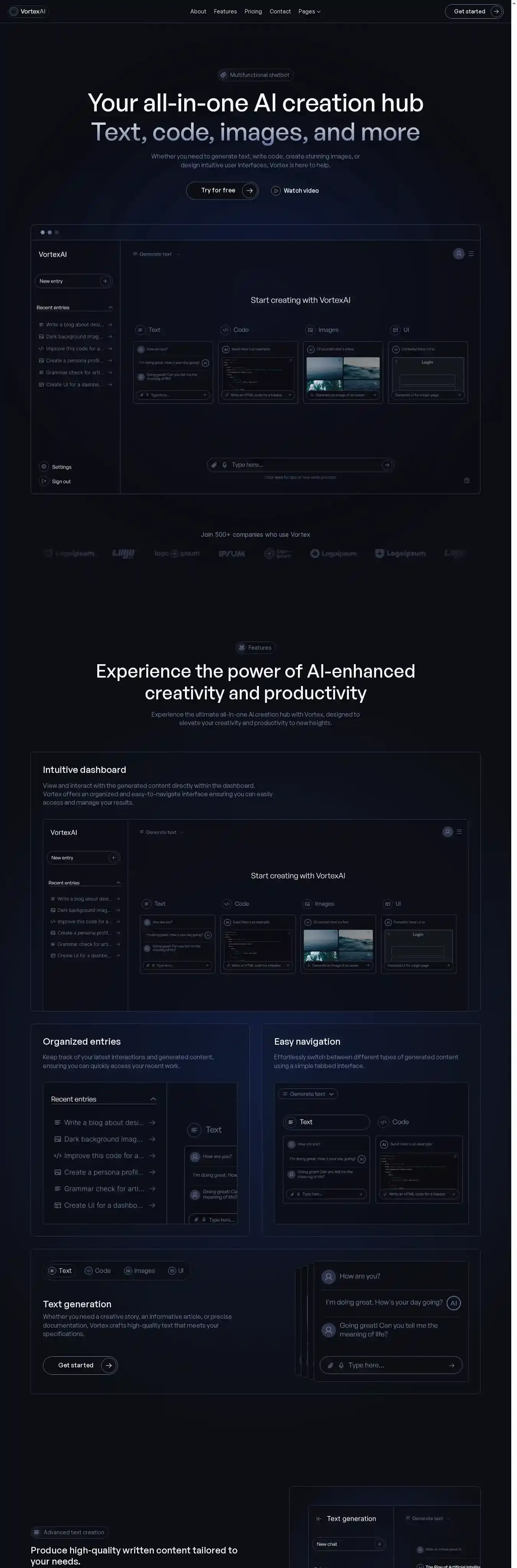 Vortex home page on desktop