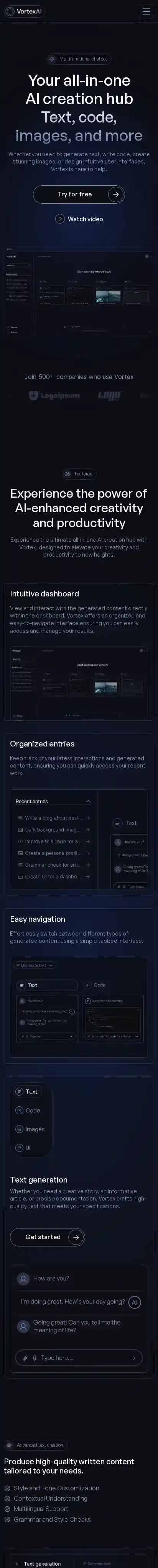 Vortex home page on mobile