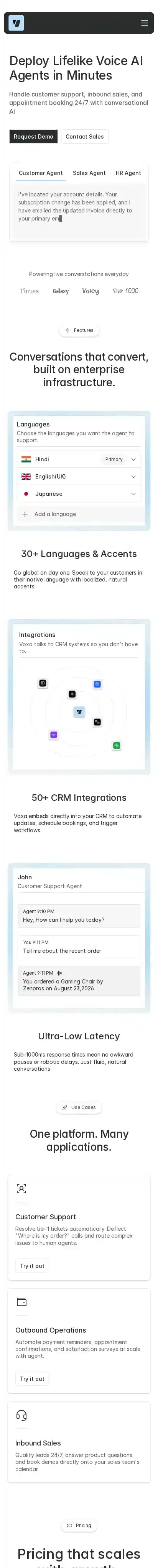 VoxaAI home page on mobile