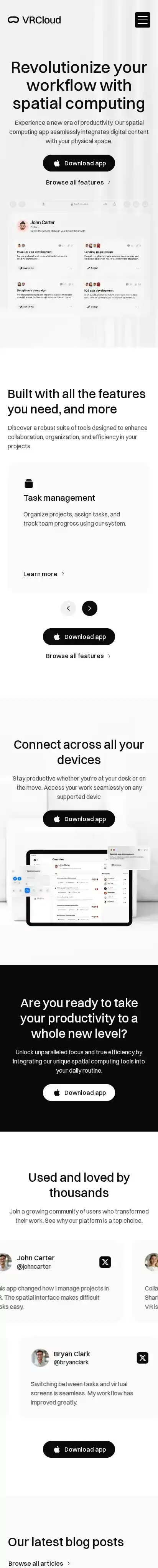 VRCloud home page on mobile