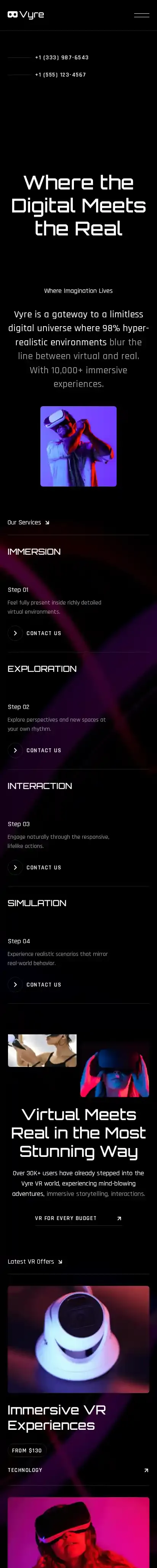 Vyre Virtual Reality home page on mobile