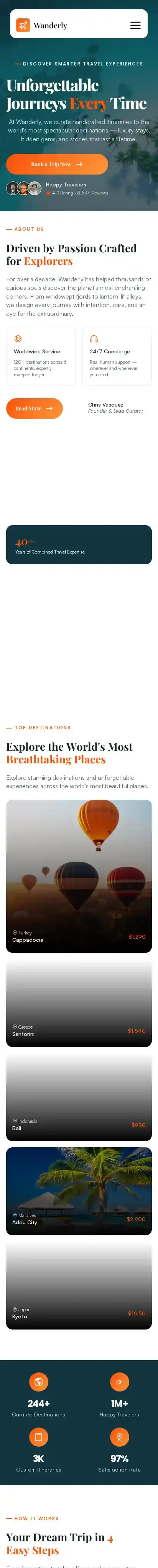 wanderly-trip home page on mobile