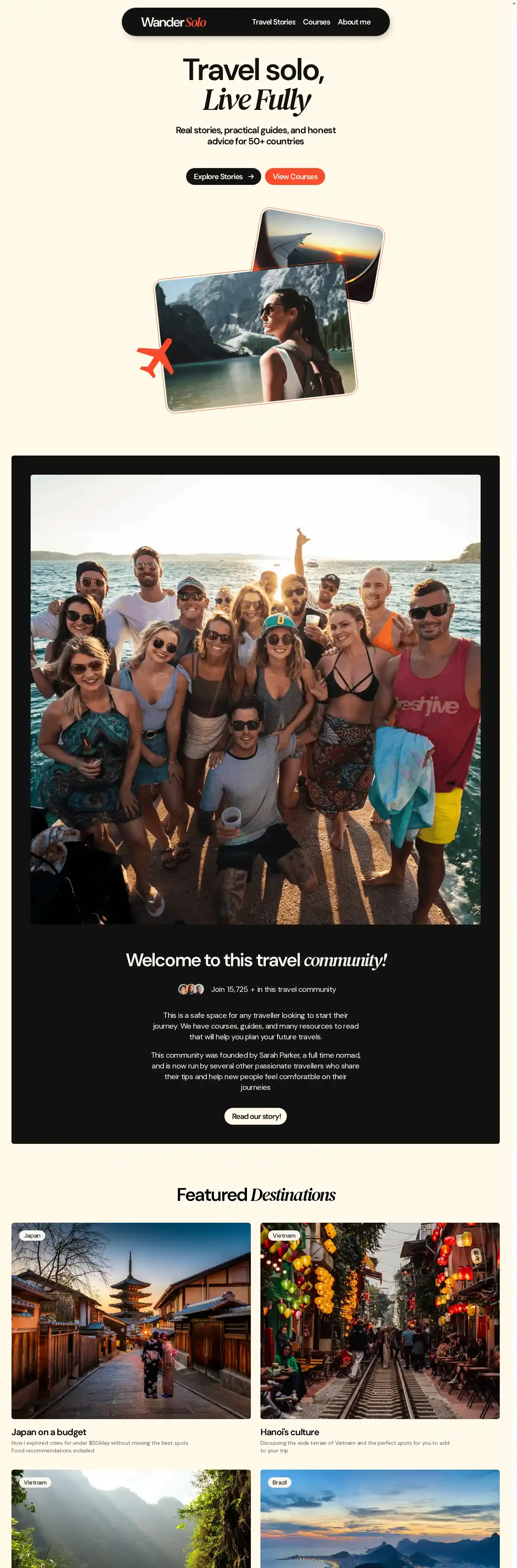 Wandersolo home page on desktop