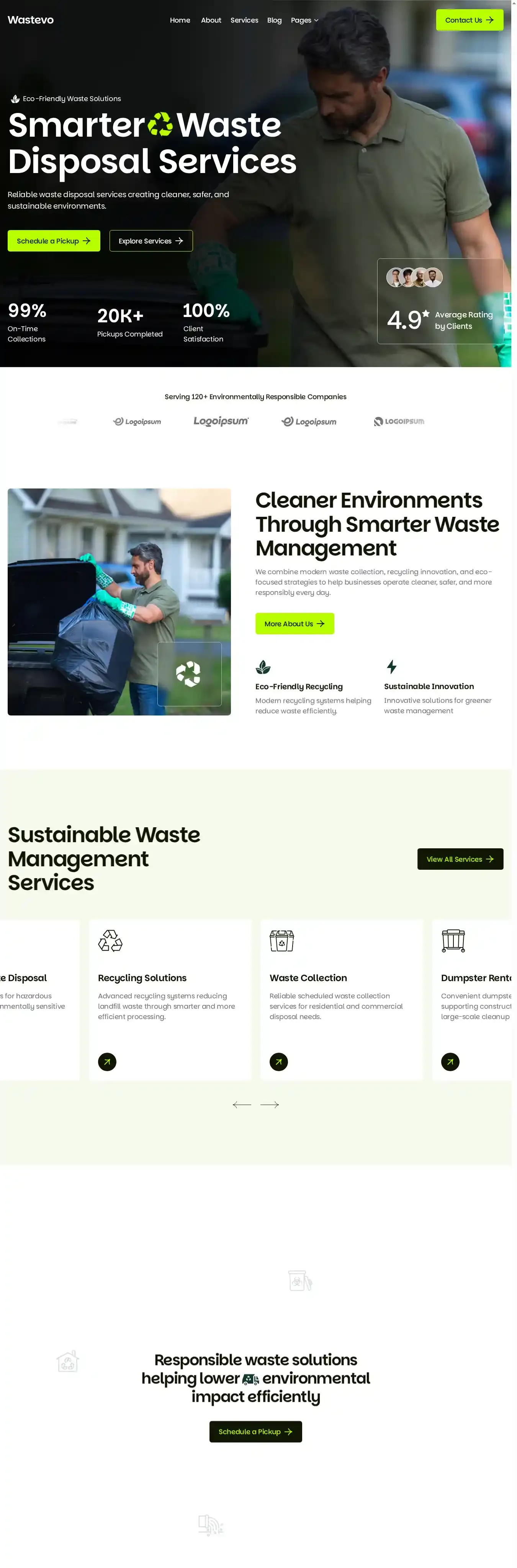 Wastevo home page on desktop