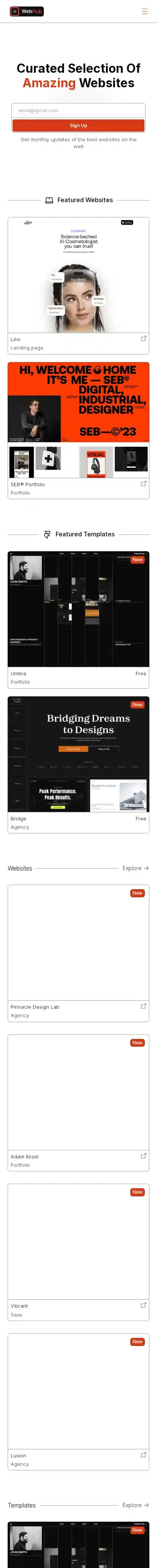 WebHub home page on mobile