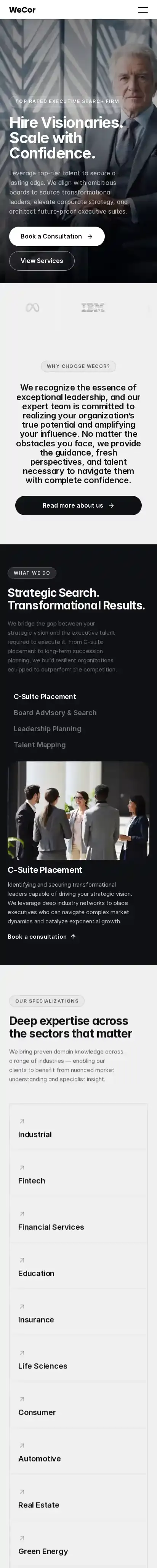 WeCor home page on mobile