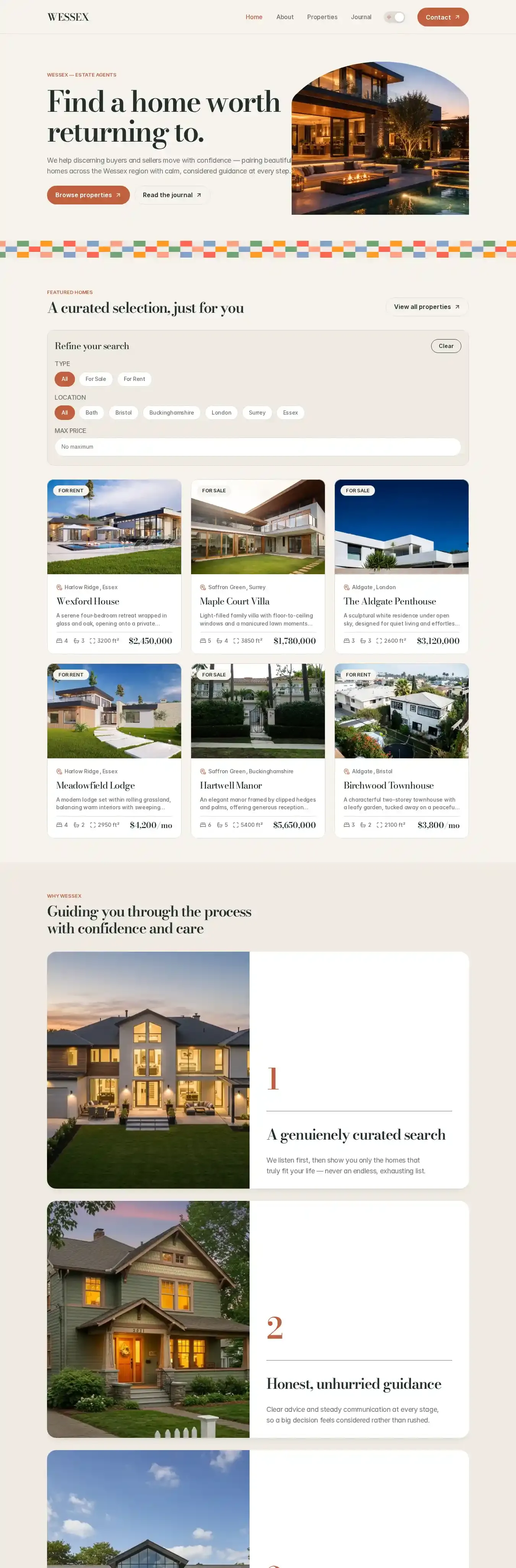 Wessex Homes home page on desktop
