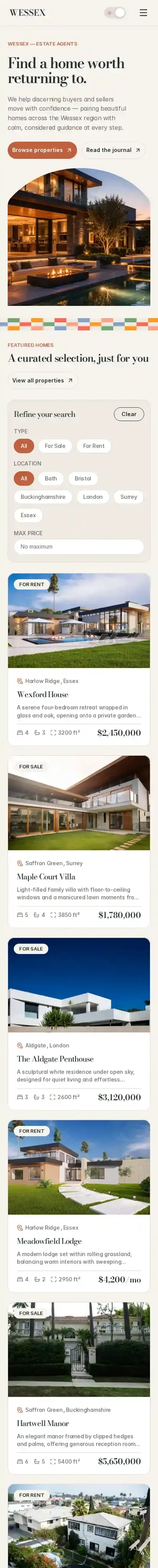 Wessex Homes home page on mobile