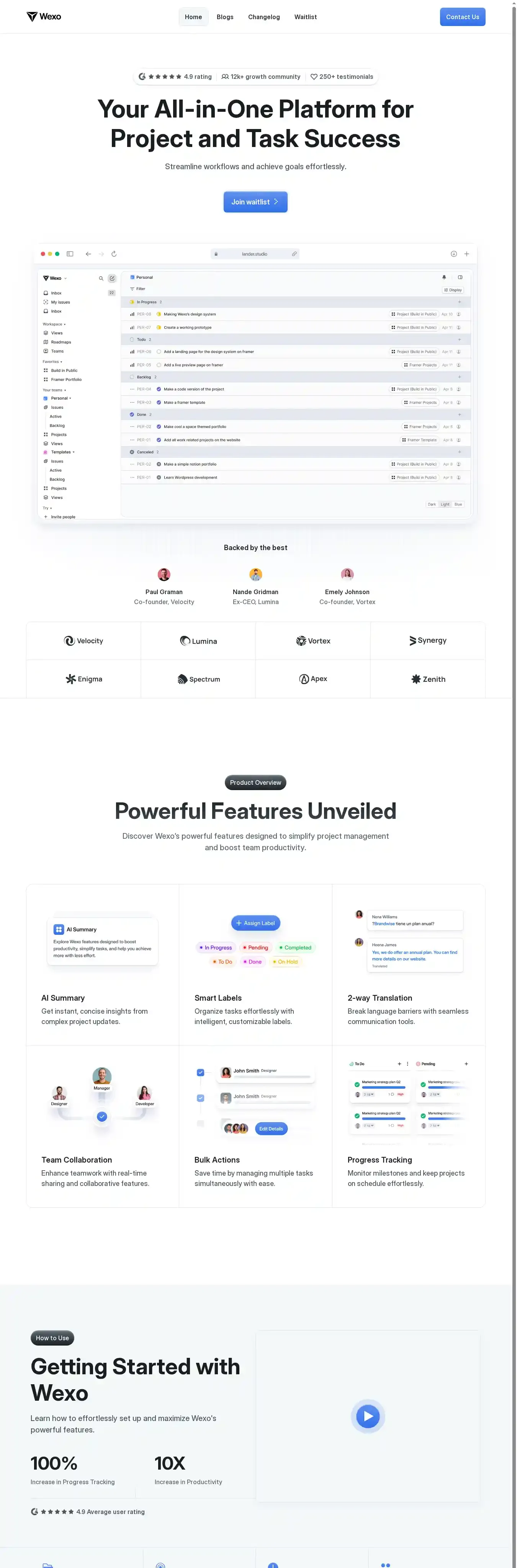 Wexo home page on desktop
